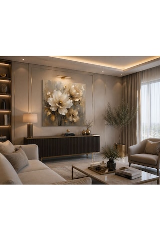Gold Çiçek Desenli Kare Kanvas Tablo Bej Krem Modern Luxury Salon, Yatak Odası Ve Antre Duvar Dekoru Premium Çerçevesiz Floral Kanvas Tablo