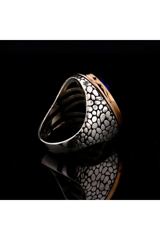 925 Ayar Gümüş Mavi Kaplan Gözü Taşlı Duvar Desenli Erkek Yüzük Çok Renkli