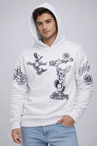 Novalisse Erkek 3 İplik Pamuklu Kapüşonlu Baskılı Sweatshirt Hoodie - Beyaz Çoklu Renk