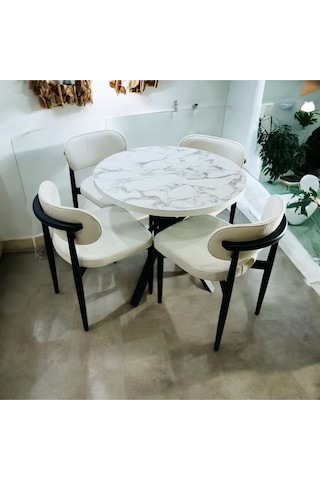 Yeliz Mutfak Masa Takımı 4 Kişilik Beyaz Mermer Desenli Yeliz002 Beyaz