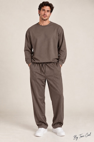 Tarz Cool Erkek Oversize %100 Oyşo Bisiklet Yaka Sweatshirt Bol Paça Alt Üst Takım Kahverengi