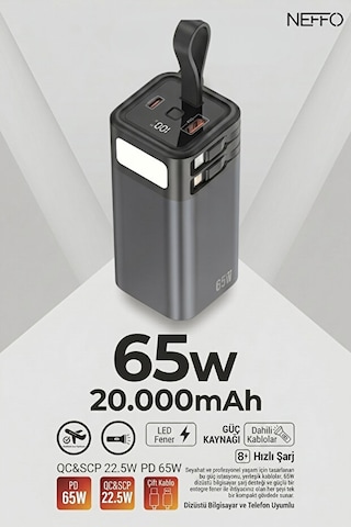20.000 Mah Powerbank 65w Hızlı Şarj Destekli Dijital Ekran Göstergeli Fenerli