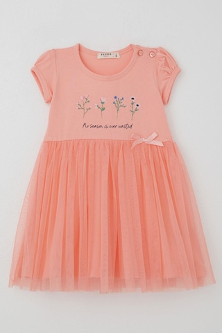 Breeze Kız Çocuk Elbise Çiçek Baskılı Tüllü Fiyonk Detaylı 1.5-5 Yaş, Somon SOMON
