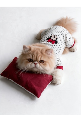 Polka Dot Rouge Minny Kedi Uyku Seti Siyah Beyaz Puantiyeli Penye Kedi Tulumu Ve Mini Yastık 2 Parça