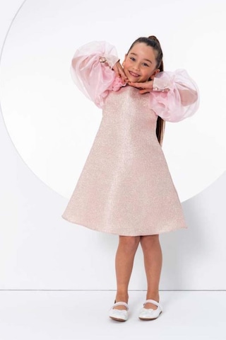 Riccotarz Kız Çocuk Çiçekli Boyunluk Hediyeli Şeffaf Karpuz Kollu Üzeri Pembe Lila Elbise Pembe