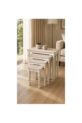 Lidya 4 Lü Zigon Sehpa Takımı Mdf Tabla, Lake Boyalı Gürgen Ayak, Beyaz