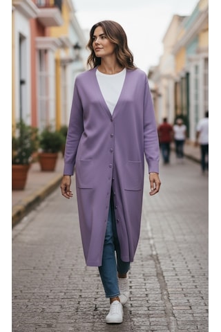 Kadın Önü Düğmeli V Yaka Cepli Mevsimlik Hırka Gülkurusu