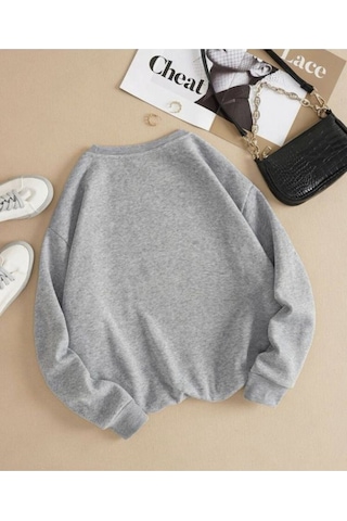 Tatlı Kedi Tasarım Sweatshirt - Gri Baskılı Oversize Kalın Kışlık Bisiklet Yaka Gri