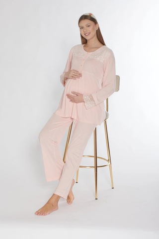Lohusa Hamile Uzun Kol Pijama Takımı Dantel Detaylı Zakkum Flz 25-03