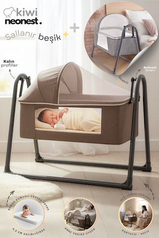 Kiwi Neonest Anne Yanı Cibinlikli Ve Tenteli, Sallanır. Keten , Portatif Sepet Beşik Kahverengi