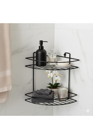 Yapışkanlı 2 Katlı Banyo Köşeliği Köşe Rafı Duş Şampuanlık Duvar Düzenleyici Organizer Raf Siyah