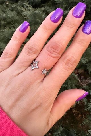 Çift Yıldız Ayarlanabilir Gümüş Renk Yüzük - Zirkontaşlı Silver