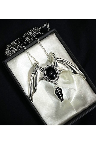 Dükkan Design Gotik Black Bat Cross Tabut Kolye Siyah - Gümüş