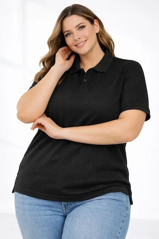 Buğrahayalin Pike Kumaş Düğmeli Yaka Battal Büyük Beden Günlük Kısa Kol Tişört T-shirt - Siyah Siyah