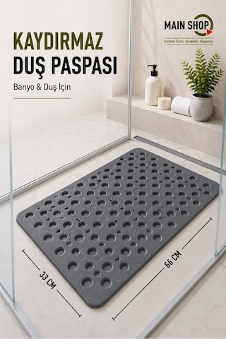 Mainshop 2'li Set Banyo Paspas Takımı - 33x66 Cm Vantuzlu Kaydırmaz Duş Matı & 38x58 Cm Sihirli Su Emici Mat Gri