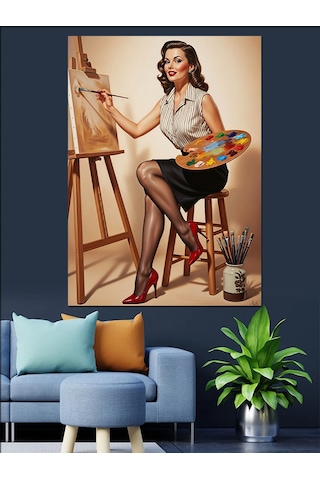 Şövalede Resim Yapan Retro Ressam Kadın Dekoratif Kanvas - Mdf Ahşap Tablo