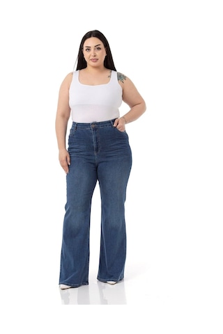 Disentis Büyük Beden Önü Kraşlı Yüksek Bel İspanyol Paça Mavi Denim Pantolon-mavi Mavi