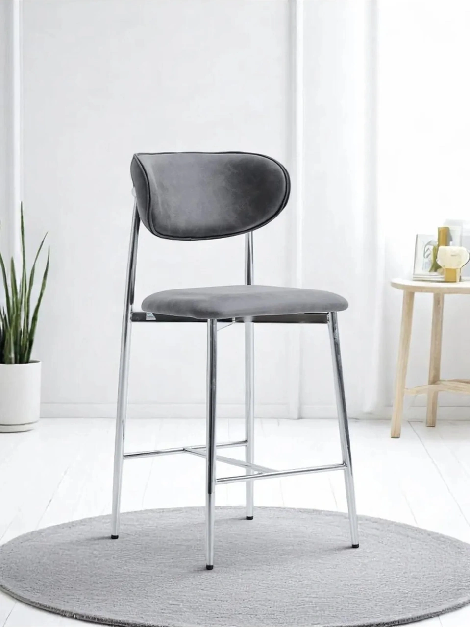 Dengema Laila 1 Adet 65 Cm Ada Mutfak Bar Sandalyesi Gri Renkli Kumaş Krom Metal Ayak Gri - Krom