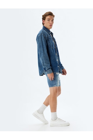 Koton Slim Fit Kot Şort Bermuda Cepli Yıpratma Detaylı Pamuklu Açık İndigo 4sam40056ıd Açık İndigo