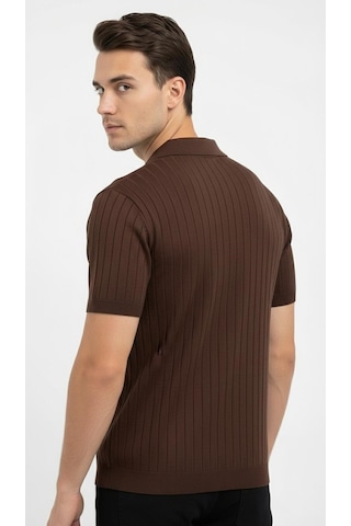 Erkek Polo Yaka Slim Fit Triko Tişört Dikey Çizgili Modern Yazlık Triko Kahverengi