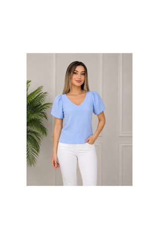 Gül&can Butik Kadın Mavi V Yaka Fitilli Dokulu Balon Kol Şık Günlük Triko Bluz Mavi