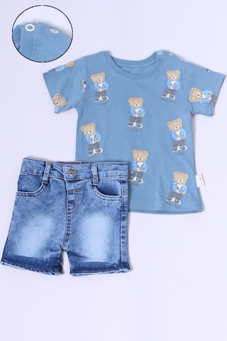 Erkek Bebek Şortlu Takım Kot Şortlu Çıtçıt Detaylı Baskılı B26 mavi