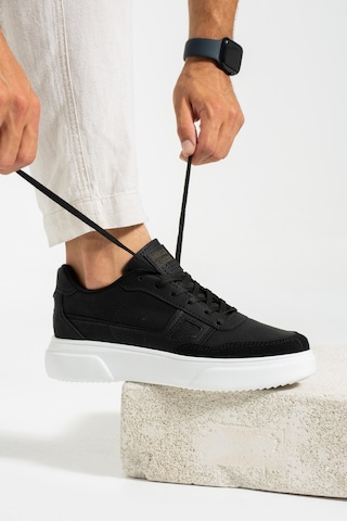 Günlük Erkek Sneaker Yüksek Kalın Tırtıklı Taban Bağcıklı Dikişli Yürüyüş Spor Ayakkabı 2029 Siyah - Beyaz