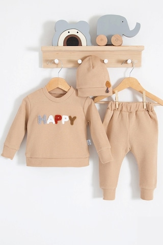Happy Nakışlı Pamuklu Erkek Bebek Takım 2'li - Kahverengi