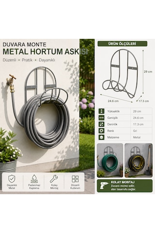 Duvara Monte Metal Hortum Askısı 25 Metre Kapasiteli Bahçe Hortumu Tutucu Ve Düzenleyici Gri 29 Cm 24.6 Cm 17.3 Cm