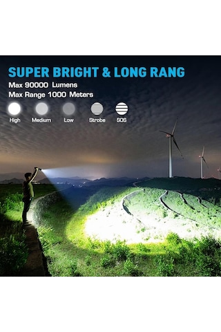 Artfulabode Yüksek Yakınlaştırmalı Xhp70.2 Siyah Şarjlı 90000 Lümen, Güçlü Led Fener, Taşınabilir El Feneri Siyah