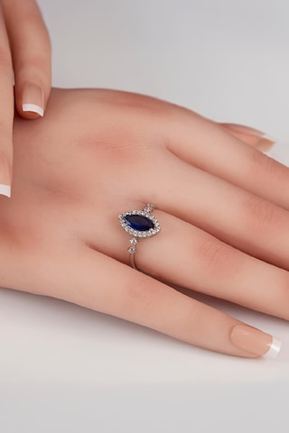 Parliement Mavisi Mekik Taşlı 925 Ayar Gümüş Bayan Yüzük -7971