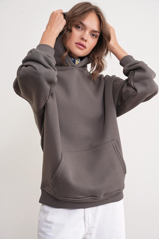Mixray 2022 Unisex 3iplik Basic Polarlı Kapüşonlu Sweatshirt Hoodie Antrasit