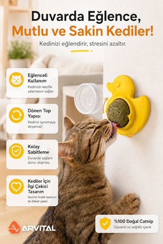Ördek Tasarımlı Duvara Yapışan Kedi Nanesi Topu Döner Catnip Yalama Oyuncağı