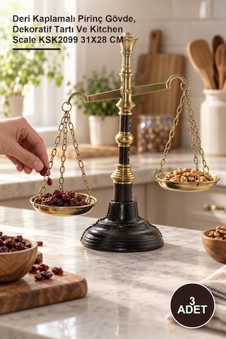 3 Adet Pirinç Derili Terazi Deri Kaplamalı Pirinç Gövde, Dekoratif Tartı Ve Kitchen Scale Ksk2099 31x28 Cm Diğer