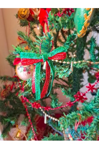 Paşateks Çift Renk 1 Cm Yeşil/kırmızı Simli Fiyonk Askılı Noel Ağaç Süsü