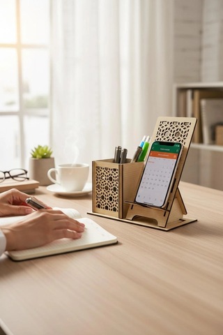 Kalemlik Ve Telefon Standı Geometrik Desenli Doğal Ahşap Açık Meşe Varsayılan