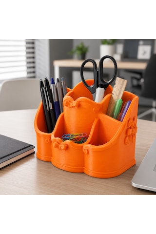 Çok Bölmeli Fiyonk Ve Çiçek Detaylı Masaüstü Organizer Renk Seçenekli Turuncu