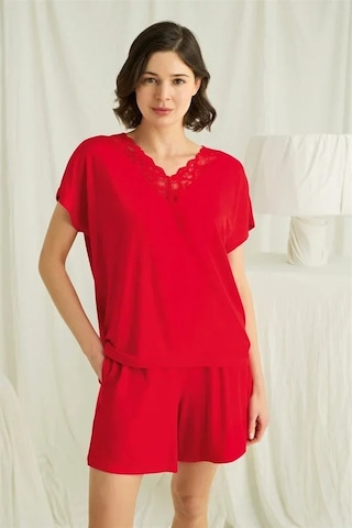 Ang Butik Kadın Kısa Kollu Dantelli V Yaka Şort Pijama Takımı Kırmızı