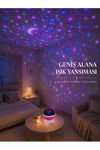 Ers Yıldızlı Gökyüzü Projektörü Pembe Renkli Döner Çocuk Odası Gece Lambası Diğer