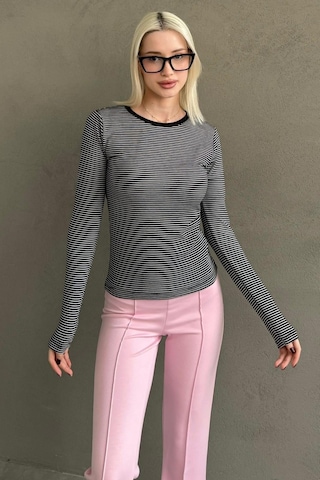 Siyah Çizgili Uzun Kollu Kadın Body Mg2657 Siyah