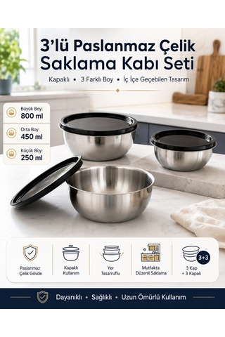 Saklama Kabı Seti 3'lü - Paslanmaz Çelik Çok Renkli
