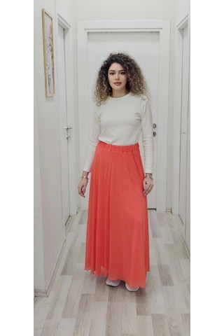 Bel Lastikli Kloş Şifon Etek 6003-turuncu Turuncu