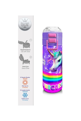 Coral High Kids Mor Unicorn Desenli Pipetli Ve Direkt İçim Çelik Termos 500 Ml 31837 Gök Mavisi
