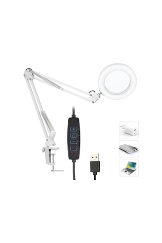 Akrobat Hareketli 8x Büyüteçli Led Işıklı Masa Çalışma Lambası - Mengeneli Beyaz