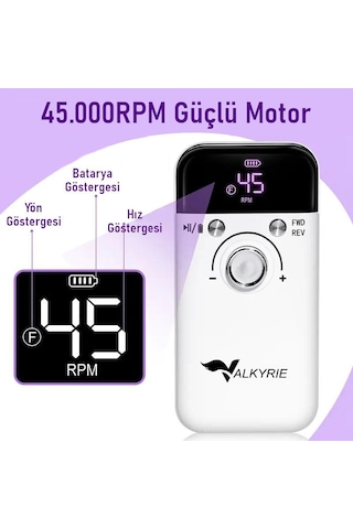 Valkyrie Profesyonel Şarjlı Tırnak Frezesi 45.000 Rpm, Lcd, 2000 Mah Taşınabilir Manikür Pedikür Makinesi