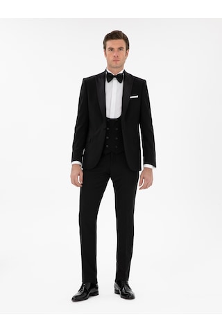 Cacharel Siyah Slim Fit Yün Karışımlı Yelekli Smokin Dmatlık