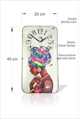 Büyük 45 Cm Kare Dikdörtgen Geometrik Bombe Gerçek Camlı Sessiz Kayar Saniyeli Siyahi Afrikalı Kadın Duvar Saati Açık