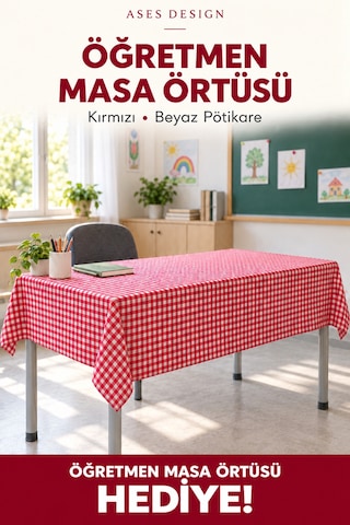 Kırmızı Beyaz 10'li Lastikli Sıra Örtüsü, 100x140 Cm Öğretmen Masa Örtüsü Hediye
