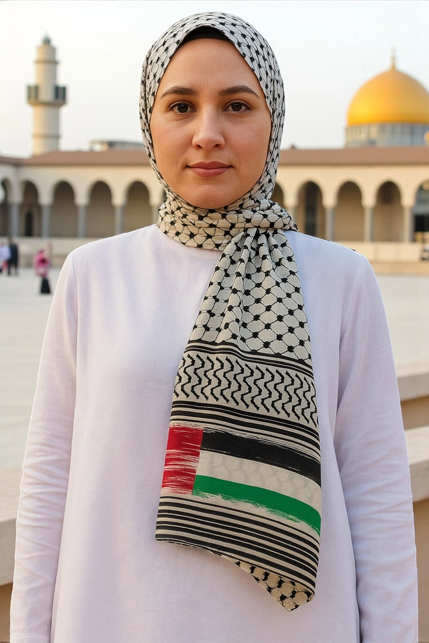 Kadın Erkek Kefiye Filistin Bayraklı Pamuklu Siyah Beyaz Puşi Şal Siyah Beyaz