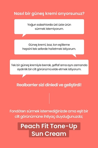 Ciltte Pürüzsüz Görünüm Sunan Ton Eşitleyici Güneş Kremi Realbarrıer Peach Fit Tone-up Sun Cream